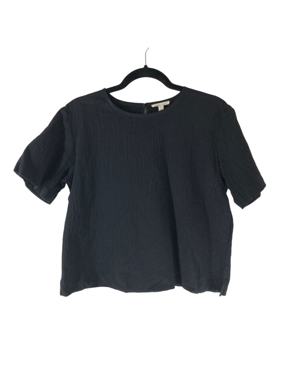 Eileen Fisher Womens Black Textured Organic Cotton Top S Short Sleeve Boxy